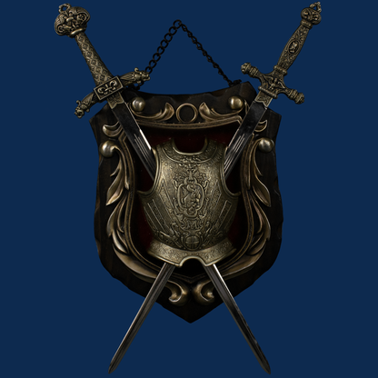 Black wooden shield with crossed swords under an intricately detailed breast plate on a blue background.