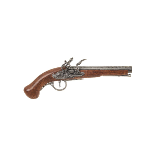 Right side view of the Replica 18th Century Short Flintlock Pistol with intricately carved metal mechanisms, barrel, and carved faux wood grip.