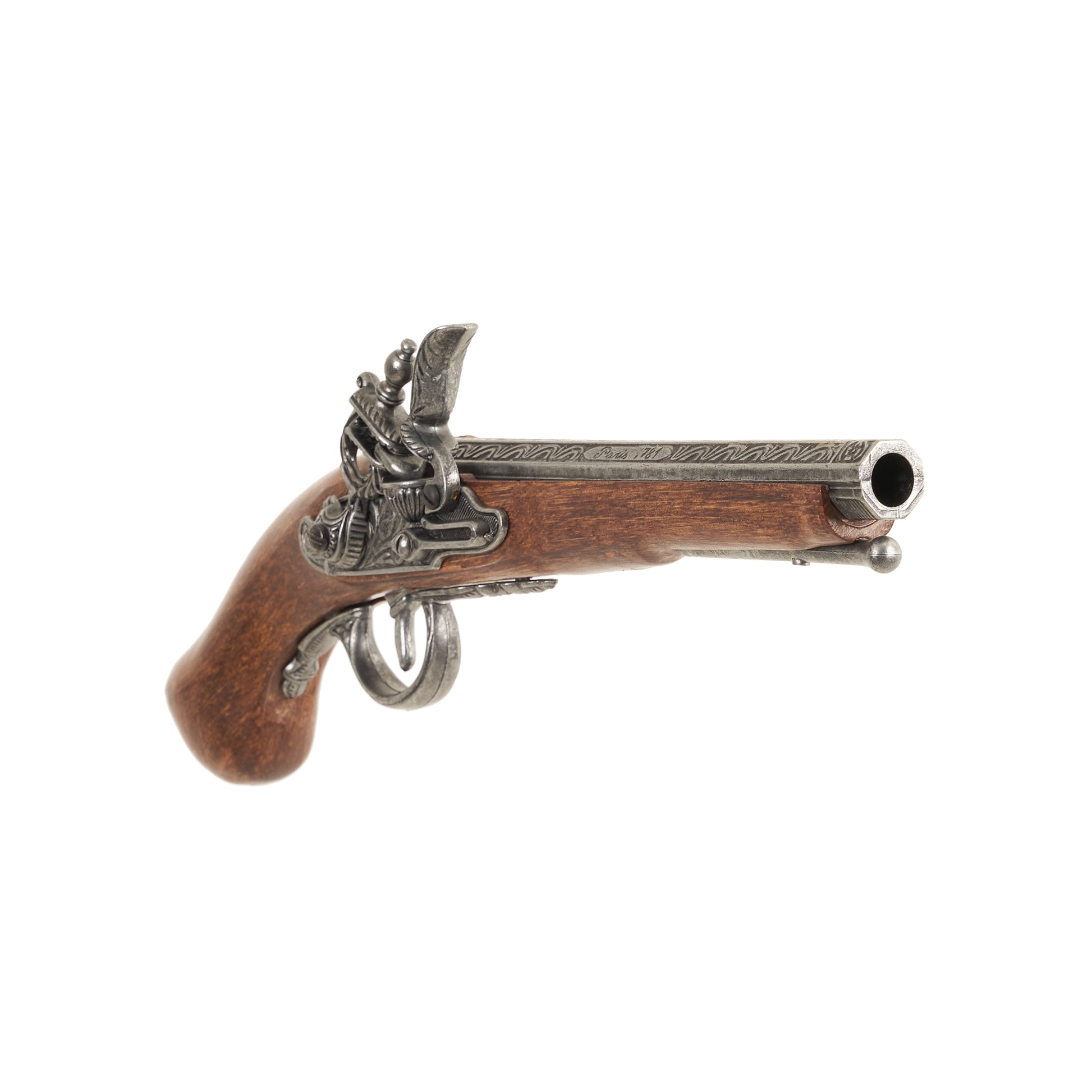Front view of the Replica 18th Century Short Flintlock Pistol with intricately carved metal mechanisms, barrel, and carved faux wood grip