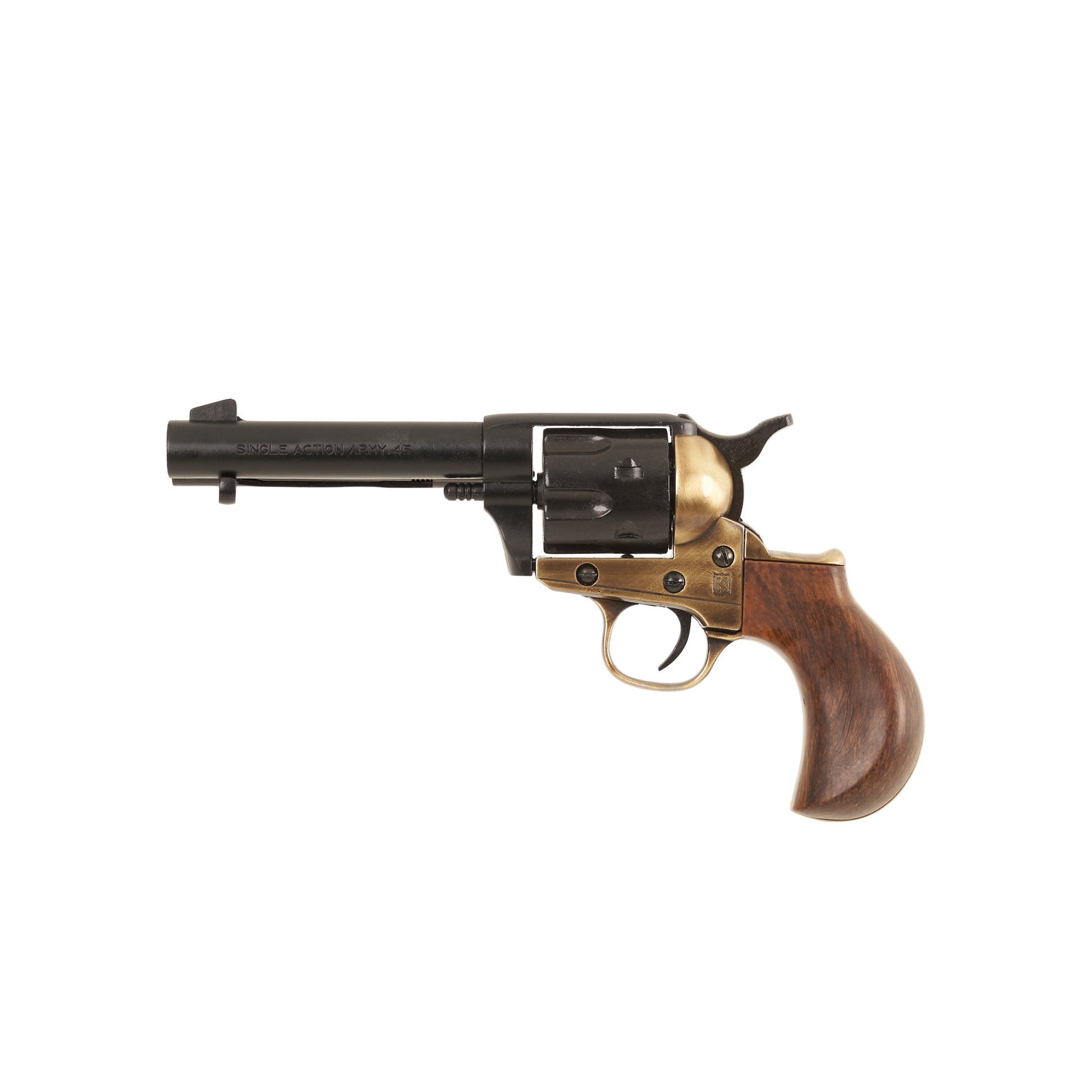 Left side view of black and brass Pre-1896 Thunderer Revolver with wood grip.