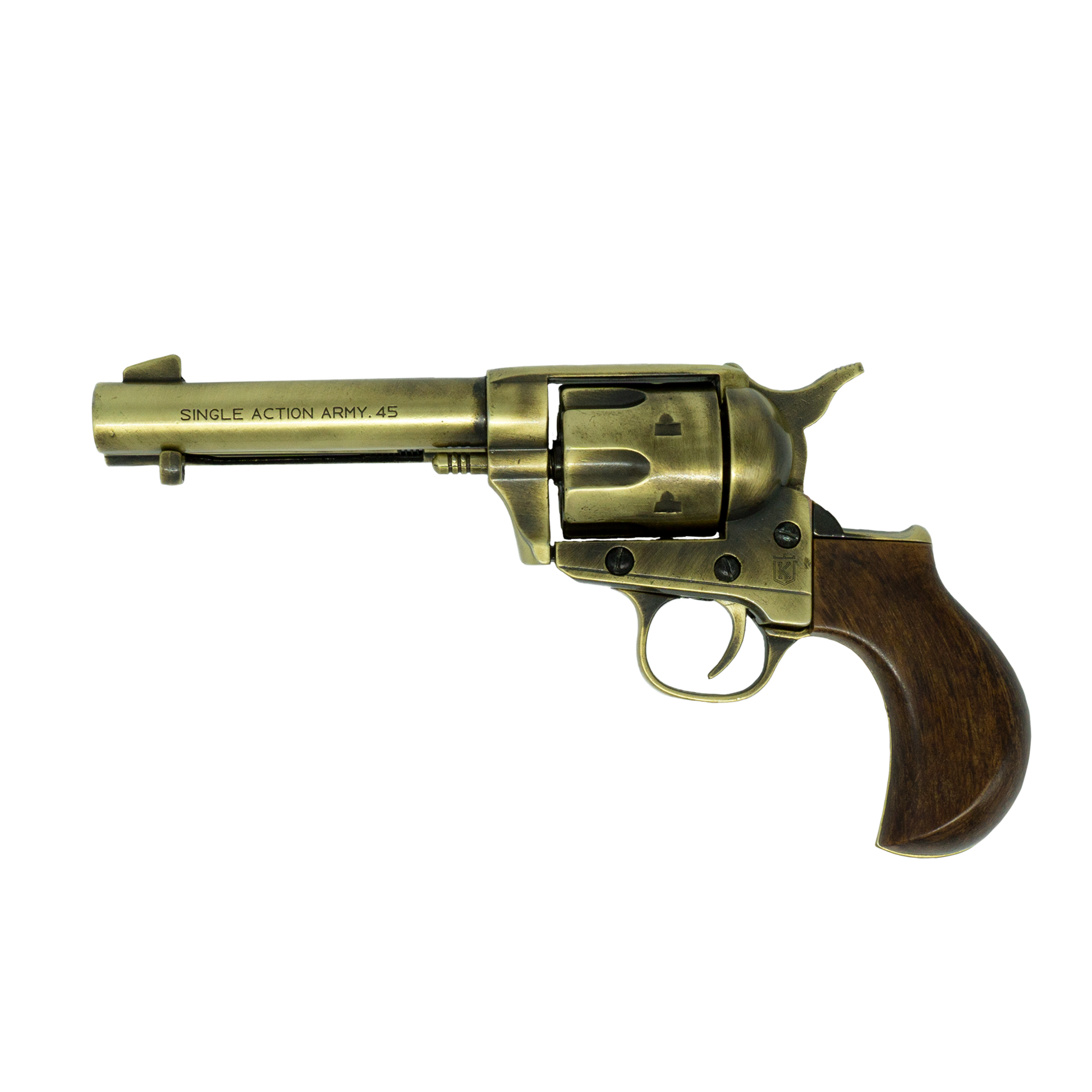 Left Hand view of brass Thunderer revolver with faux wood birdshead grip.