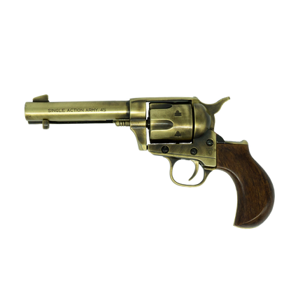 Left Hand view of brass Thunderer revolver with faux wood birdshead grip.
