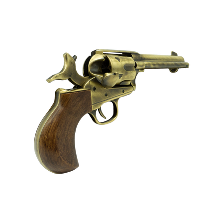 Back view of Thunderer revolver showing the hammer pulled back and the weapon cocked.