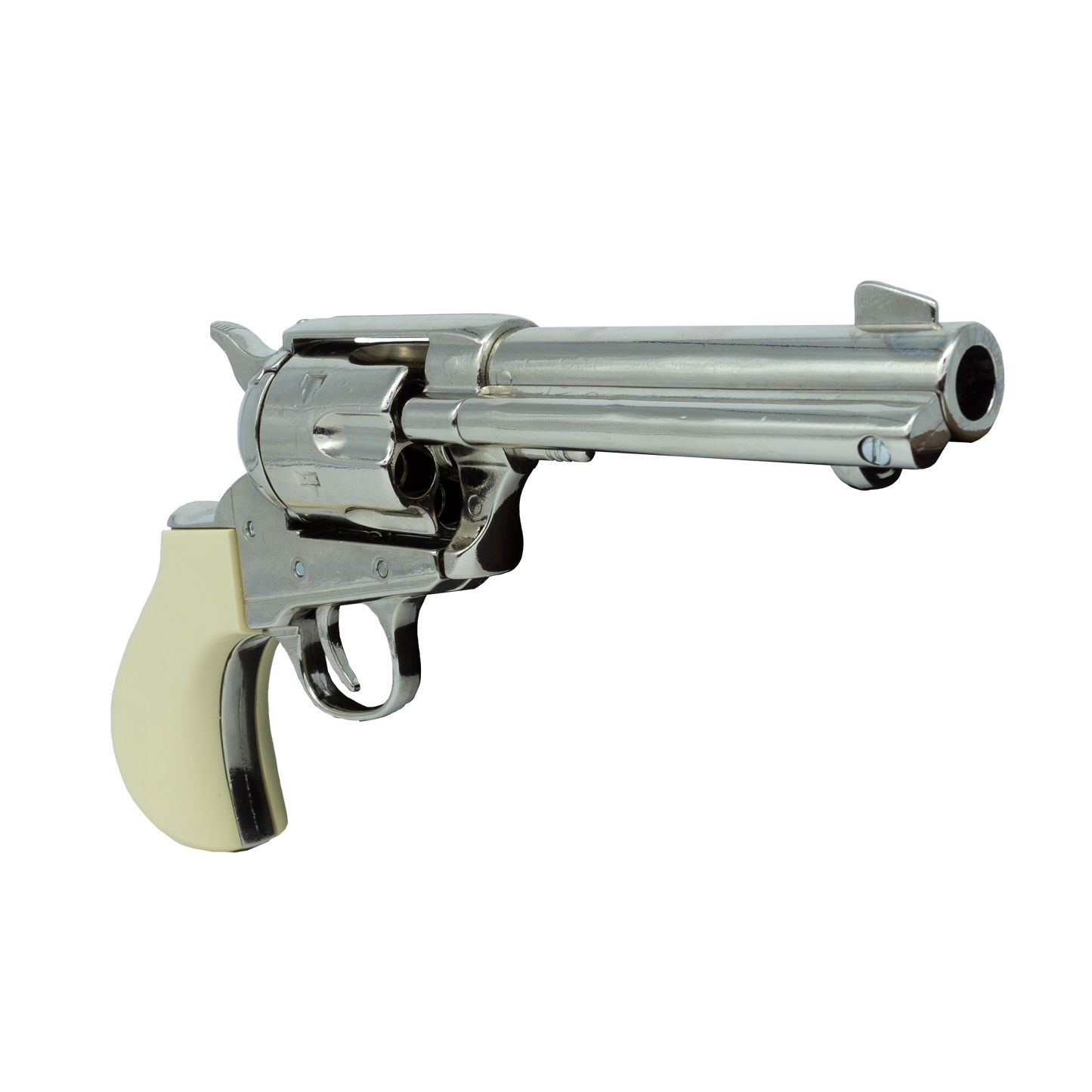 Right side of thunderer pistol with faux pearl grips.