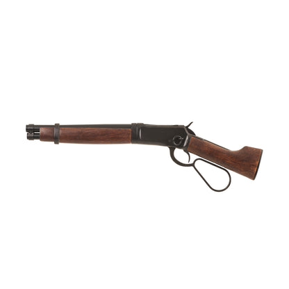 Left side view of Mare's Leg rifle with black loop lever handle, black mechanism and trim, wood stock, and black barrel.
