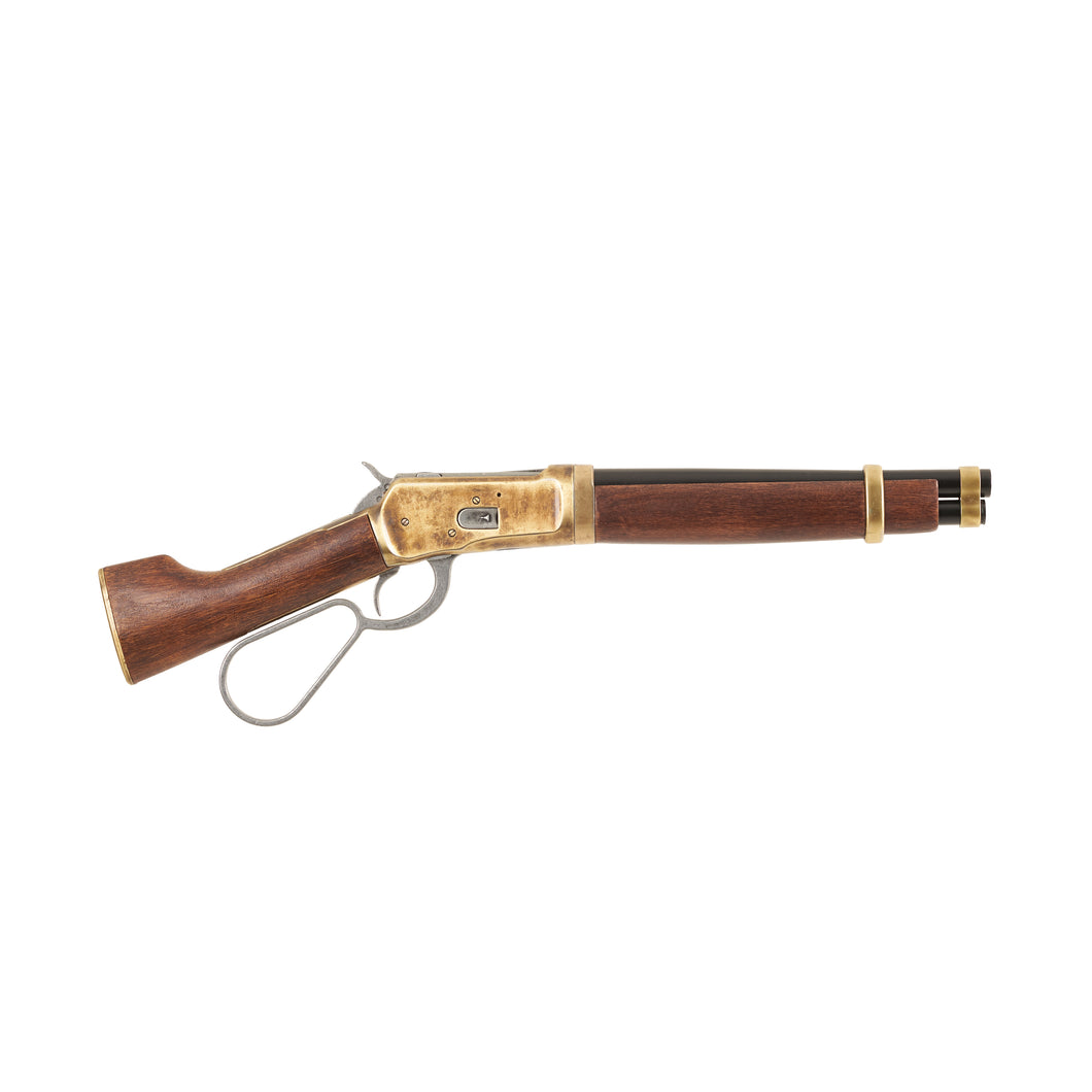 Right side view of  Mare's Leg Rifle with gray loop lever, brass mechanism and fittings, wood stock, and black barrel.