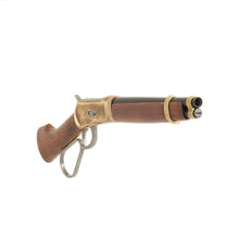 Load image into Gallery viewer, Front view of Mare&#39;s Leg Rifle with gray loop lever, brass mechanism and fittings, wood stock, and black barrel.
