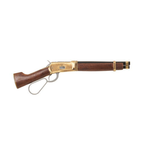 Right side view of Mare's Leg Rifle with gray loop lever handle, brass mechanism and trim, wood stock, and black barrel.