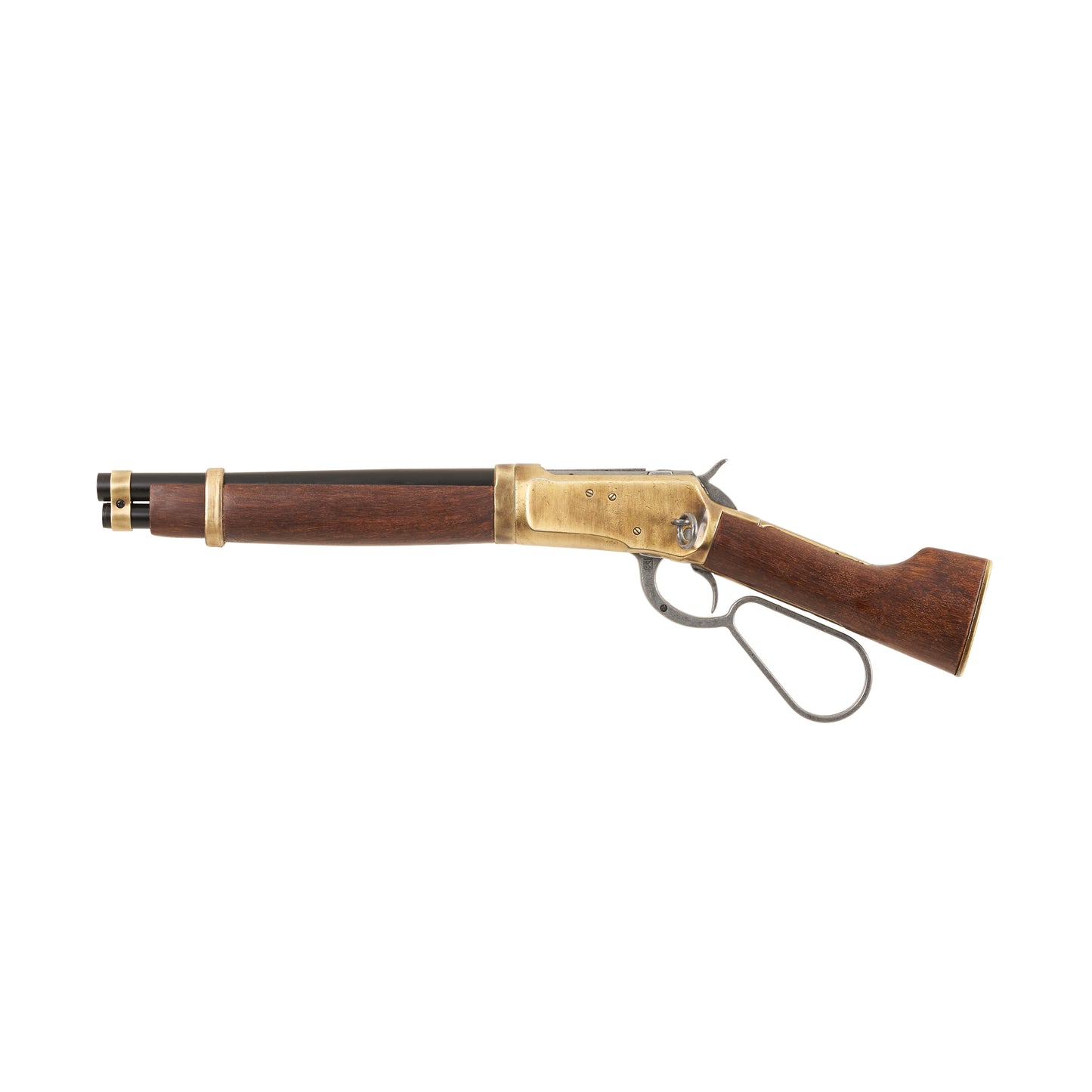 Left side view of Mare's Leg Rifle with gray loop lever handle, brass mechanism and trim, wood stock, and black barrel.
