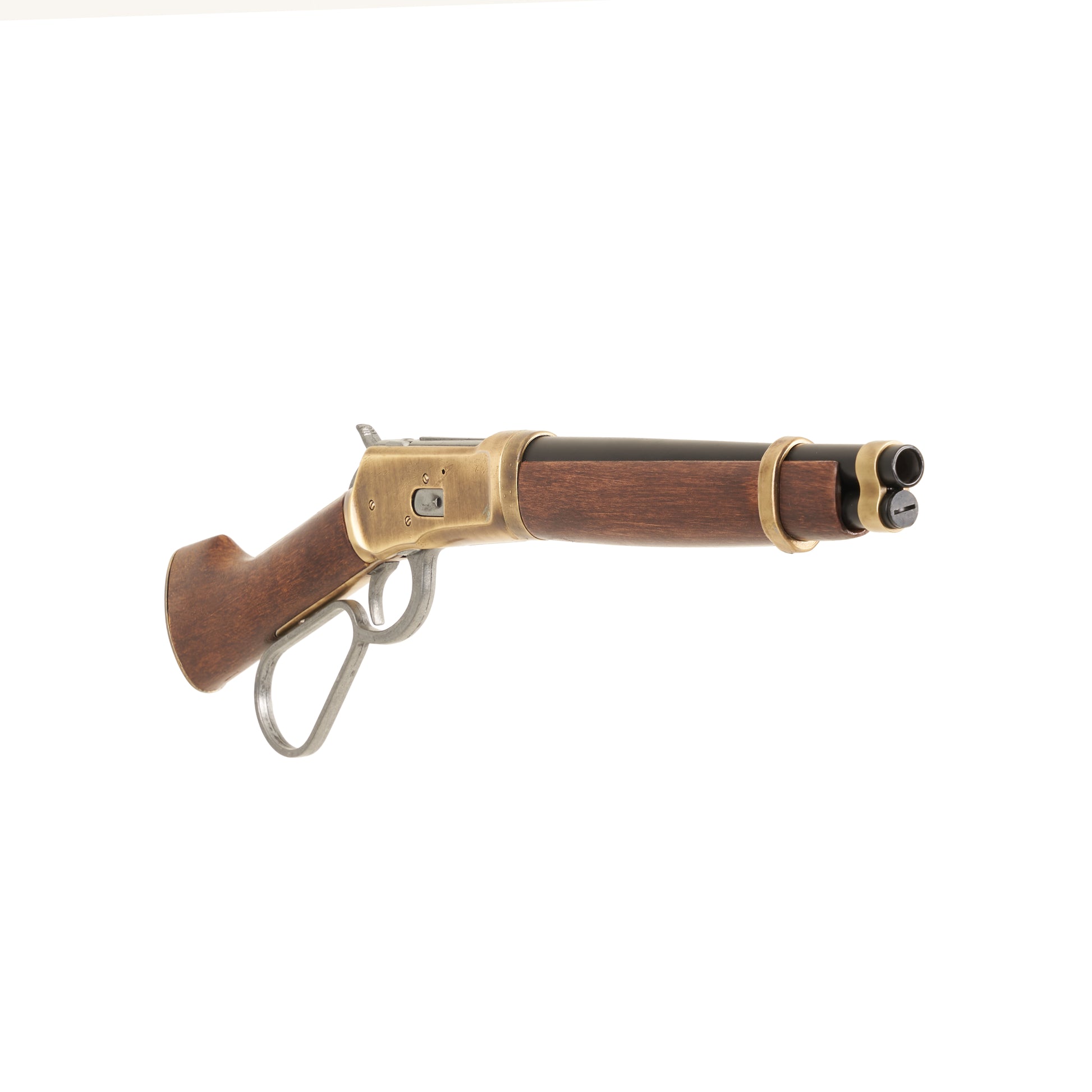Front view of Mare's Leg Rifle with gray loop lever handle, brass mechanism and trim, wood stock, and black barrel.