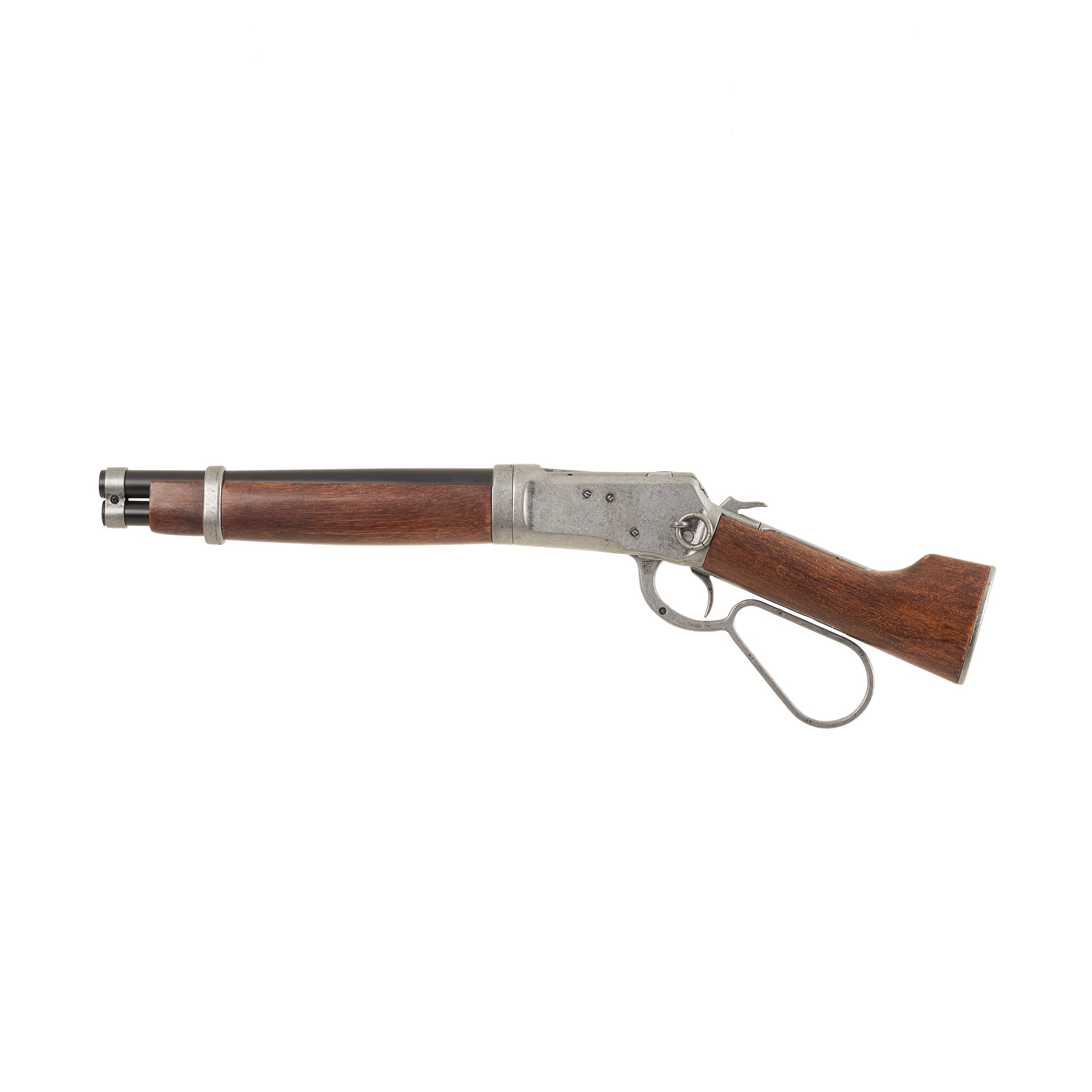 Left side view of gray Mare's Leg rifle with gray loop lever, mechanisms, and trim, wood stock, and black barrel. 