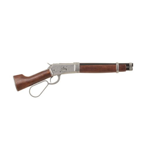 Right side view of Mare's Leg Rifle with gray mechanism and trim, wood stock, and black barrel.