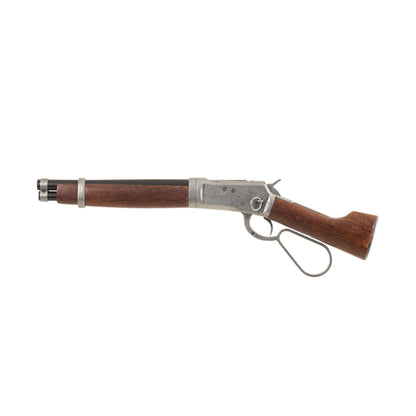 Left side view of Mare's Leg Rifle with gray mechanism and trim, wood stock, and black barrel.