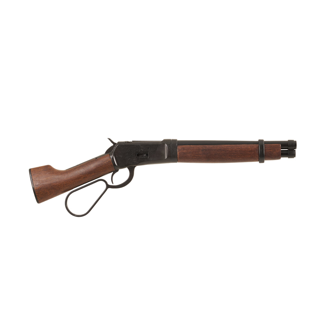 Right side view of Mare's Leg Rifle with black loop lever handle, black mechanism and trim, wood stock, and black barrel.
