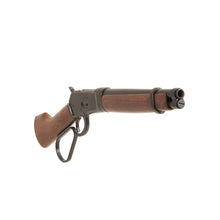 Load image into Gallery viewer, Front view of Mare&#39;s Leg Rifle with black loop lever handle, black mechanism and trim, wood stock, and black barrel.
