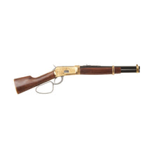 Load image into Gallery viewer, Right side view of long Mare&#39;s Leg Rifle with brass mechanism and trim, wood stock, and black barrel.
