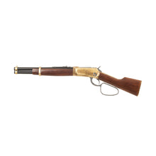 Load image into Gallery viewer, Left side view of long Mare&#39;s Leg Rifle with brass mechanism and trim, wood stock, and black barrel.
