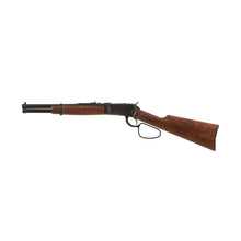 Load image into Gallery viewer, Left side view of 1892 Old West Rifle with black loop lever handle, black mechanism and trim, wood stock, and black barrel.
