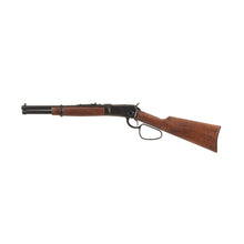Load image into Gallery viewer, Left side view of 1892 Old West Rifle with black mechanism and trim, wood stock, and black barrel.
