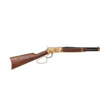 Load image into Gallery viewer, Right side view of 1892 Old West Rifle with gray loop lever, brass mechanism and fittings, wood stock, and black barrel.

