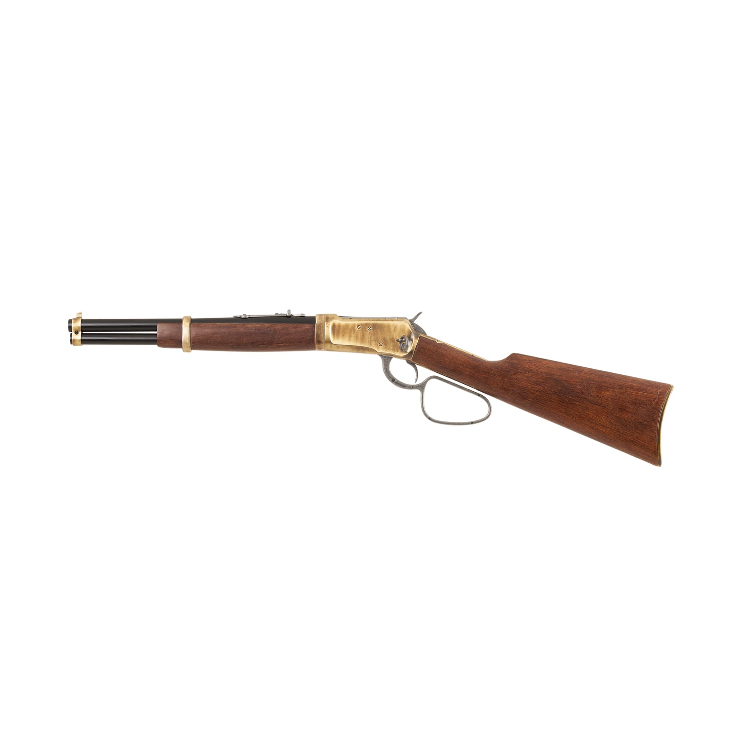Right side view of 1892 Old West Rifle with gray loop lever, brass mechanism and fittings, wood stock, and black barrel.