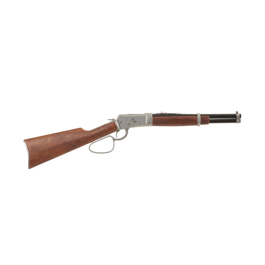 Right view of 1892 Old West Rifle with gray fittings, wooden stock, and black barrel.