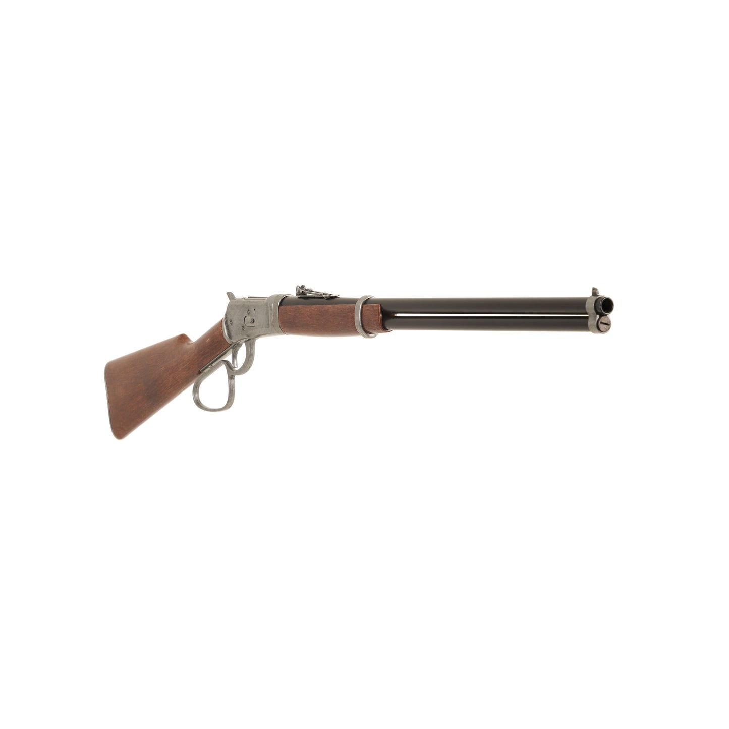 Partial front view of 1892 Old West Rifle 42 Inches long with silver fittings and black barrel.