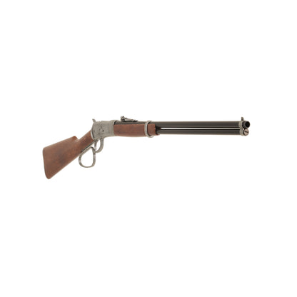 Partial front view of 1892 Old West Rifle 42 Inches long with silver fittings and black barrel.