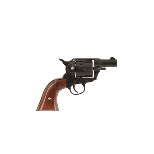 Right side view of black Non-Firing 1873 .45 Caliber Short Revolver with wood grip.