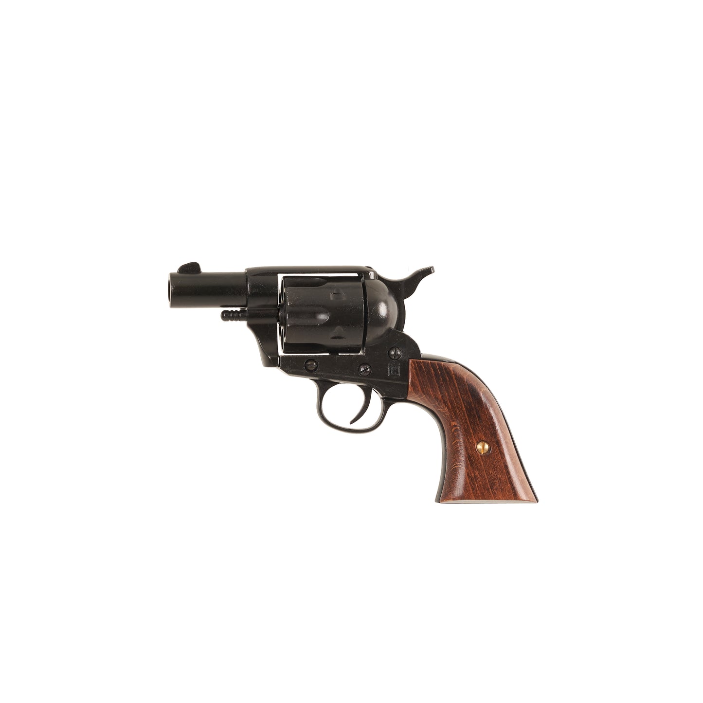 Left side view of Black Non-Firing 1873 .45 Caliber Short Revolver with wood grip.