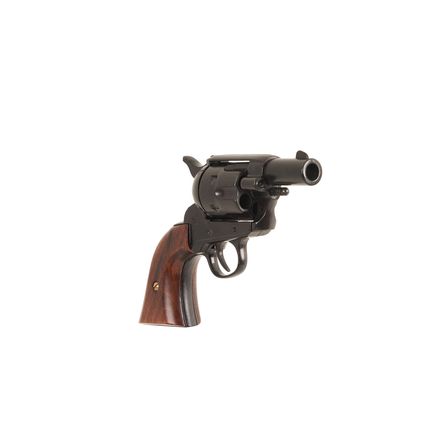 Front view of Black Non-Firing 1873 .45 Caliber Short Revolver with wood grip.