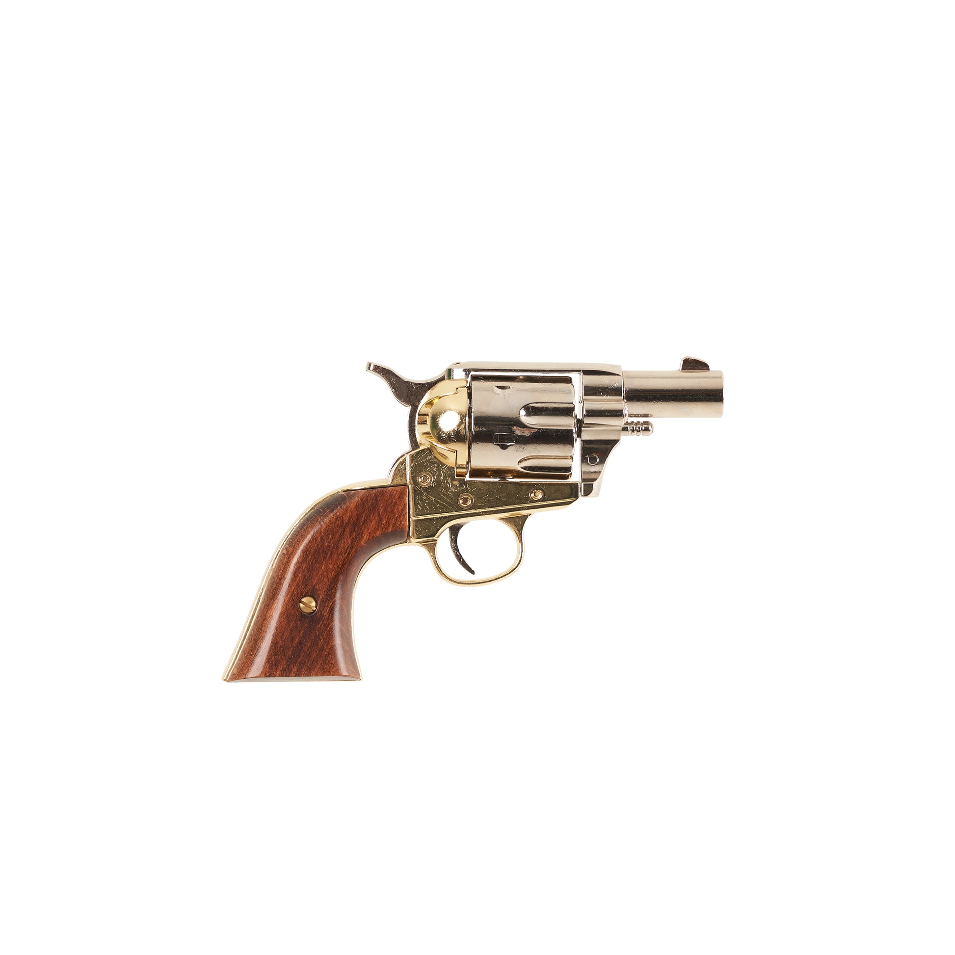 Right side view of polished nickel Non-Firing 1873 .45 Caliber Short Revolver with brass trigger guard and accents and wood grip.