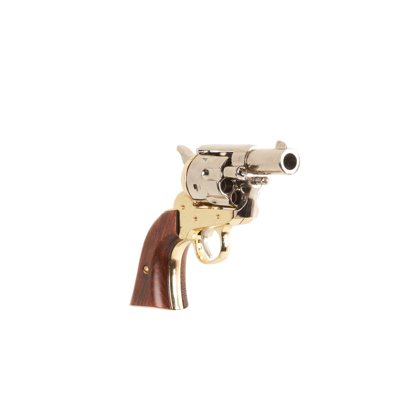 Front view of polished nickel Non-Firing 1873 .45 Caliber Short Revolver with brass trigger guard and accents and wood grip.
