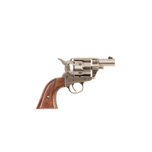 Right side view of polished nickel Non-Firing 1873 .45 Caliber Short Revolver with wood grip.