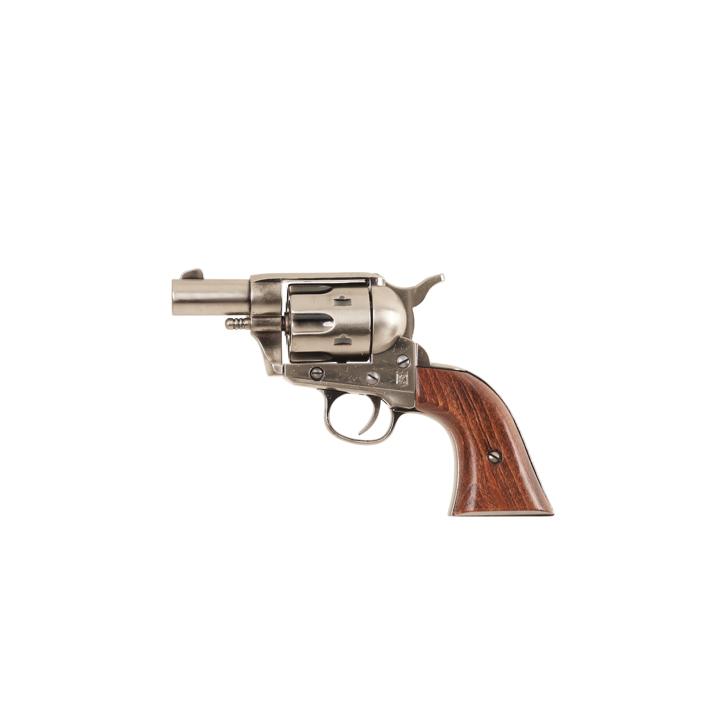 Left side view of polished nickel Non-Firing 1873 .45 Caliber Short Revolver with wood grip.