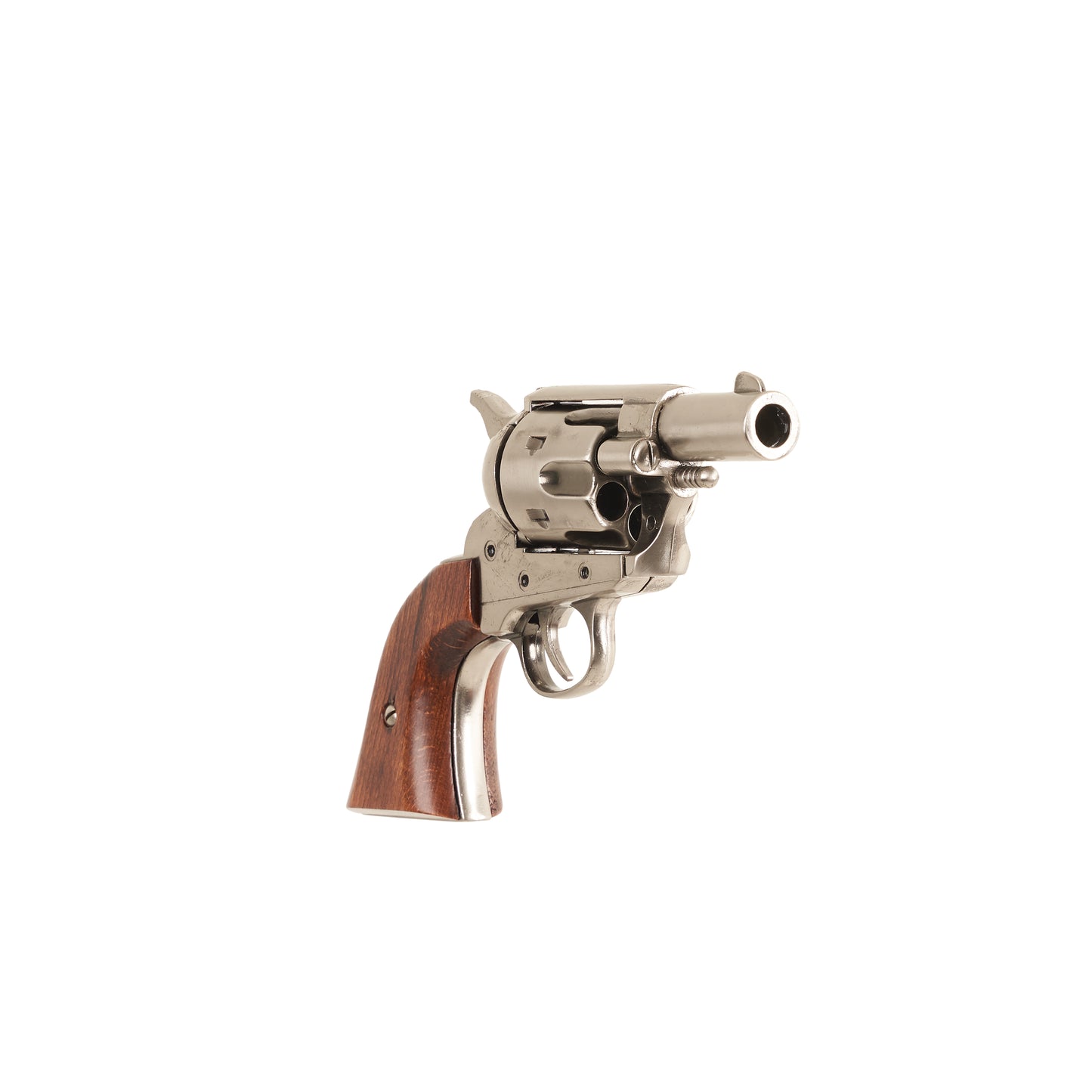 Front view of polished nickel Non-Firing 1873 .45 Caliber Short Revolver with wood grip.
