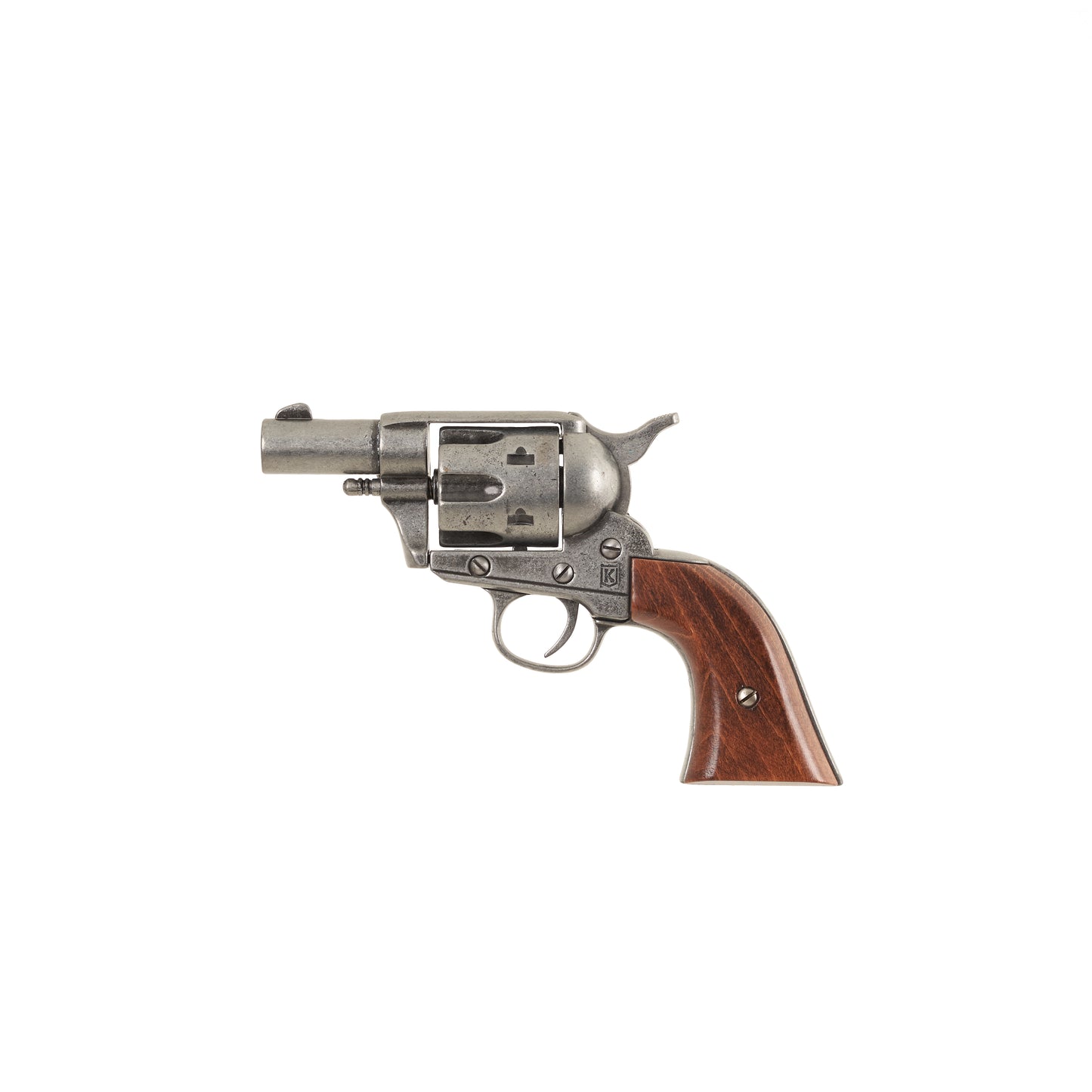 Left side view of gray Non-Firing 1873 .45 Caliber Short Revolver with striped wood grip.