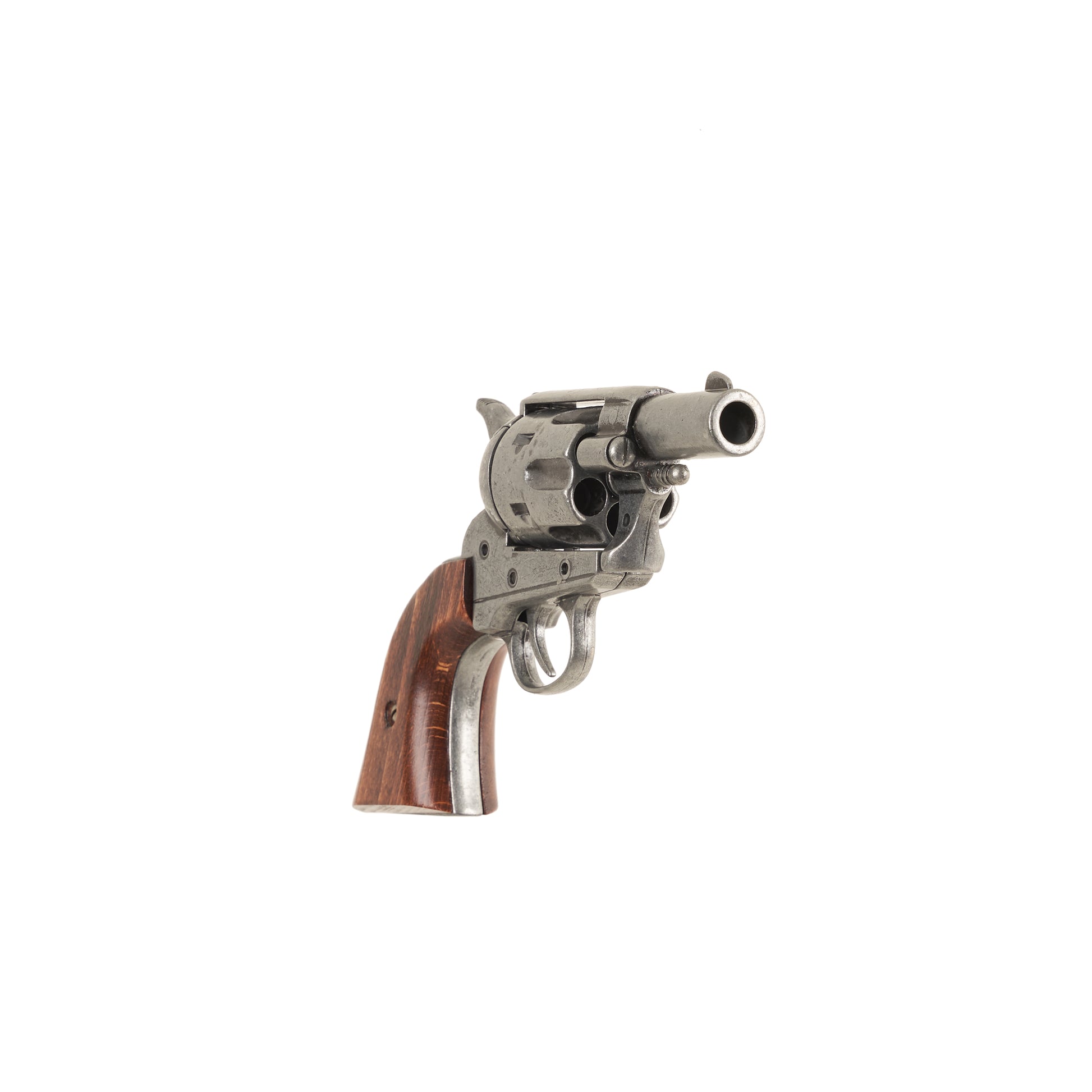 Front view of gray Non-Firing 1873 .45 Caliber Short Revolver with striped wood grip.