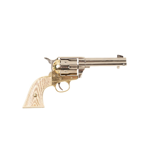Right side nickel and brass 1873 Fast Draw Revolver with faux ivory grips.