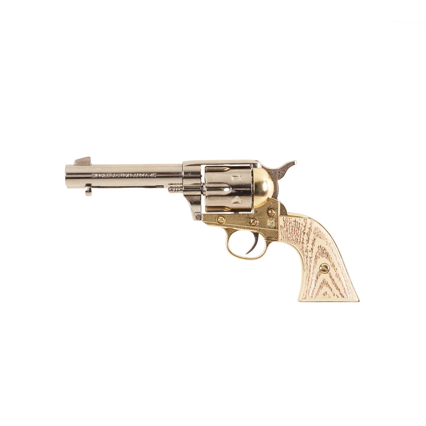 Left side nickel and brass 1873 Fast Draw Revolver with faux ivory grips.
