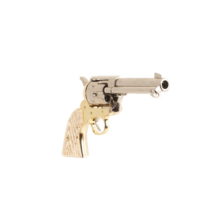 Front view nickel and brass 1873 Fast Draw Revolver with faux ivory grips.