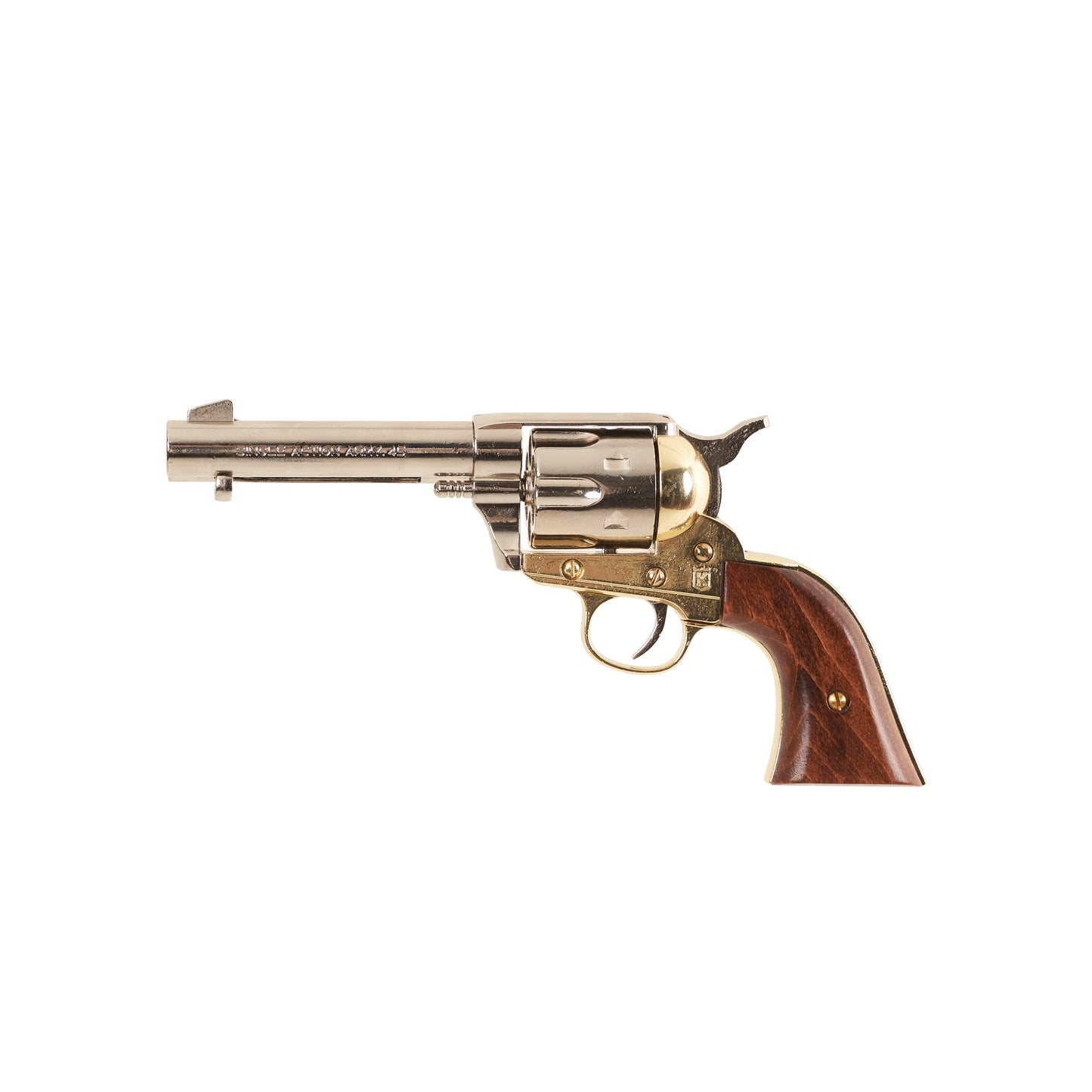 Left side view of polished nickel Non-Firing 1873 Fast Draw Revovler with brass trigger guard and wood grip.