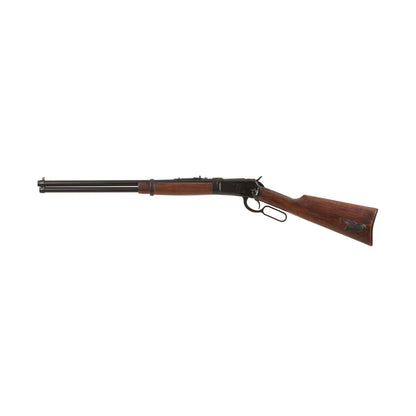 Left side view of 38 inch 1892 Old West Rifle with black loop lever handle, black mechanism and trim, wood stock, and black barrel.