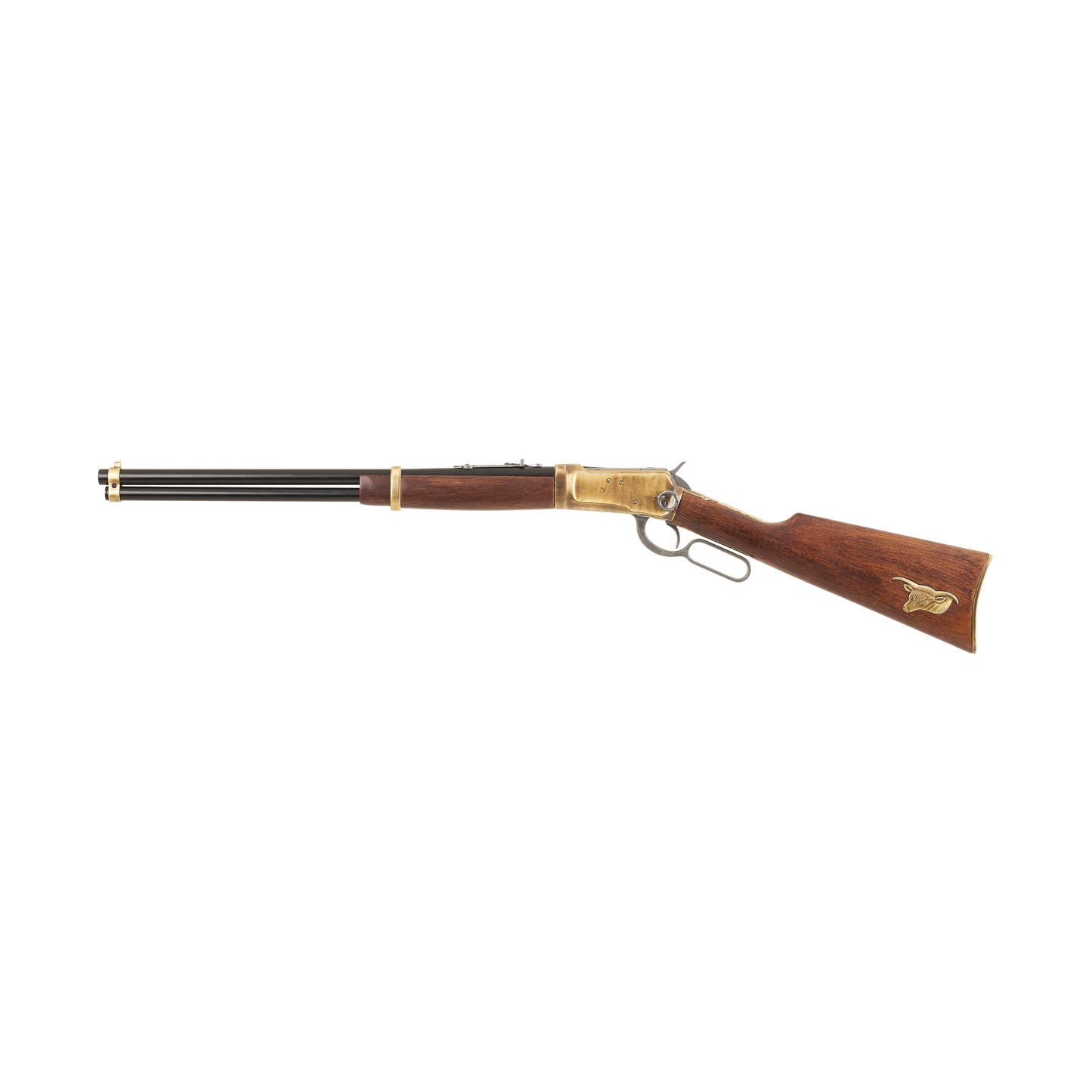 Left side view of 38 inch 1892 Old West Rifle with gray loop lever, brass mechanism and fittings, wood stock, and black barrel.
