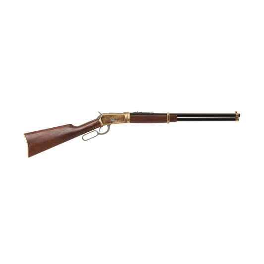 Right view of 1892 Old West Rifle with wooden stock, brass fittings and a black barrel