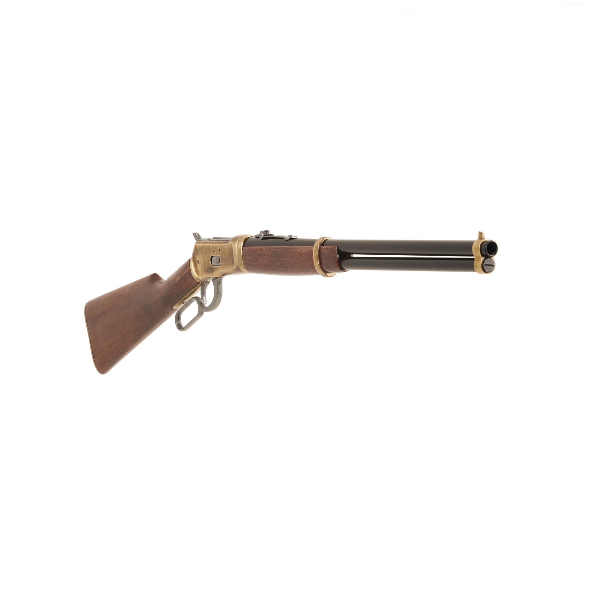 Front view of 1892 Old West Rifle with wooden stock, brass fittings and a black barrel