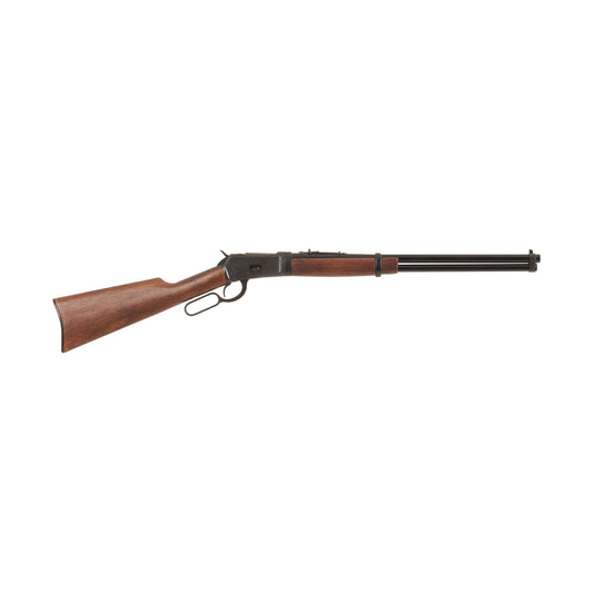 Right view of Replica 1892 Old West Rifle with wooden stock and black fittings and barrel.