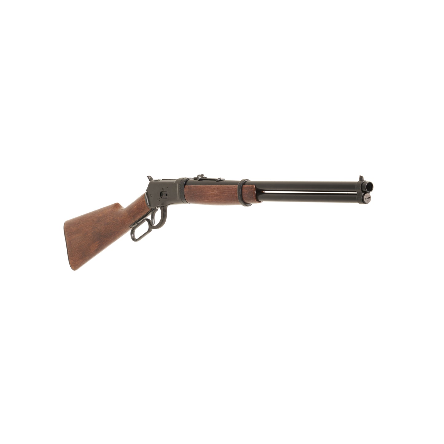 Front view of Replica 1892 Old West Rifle with wooden stock and black fittings and barrel.