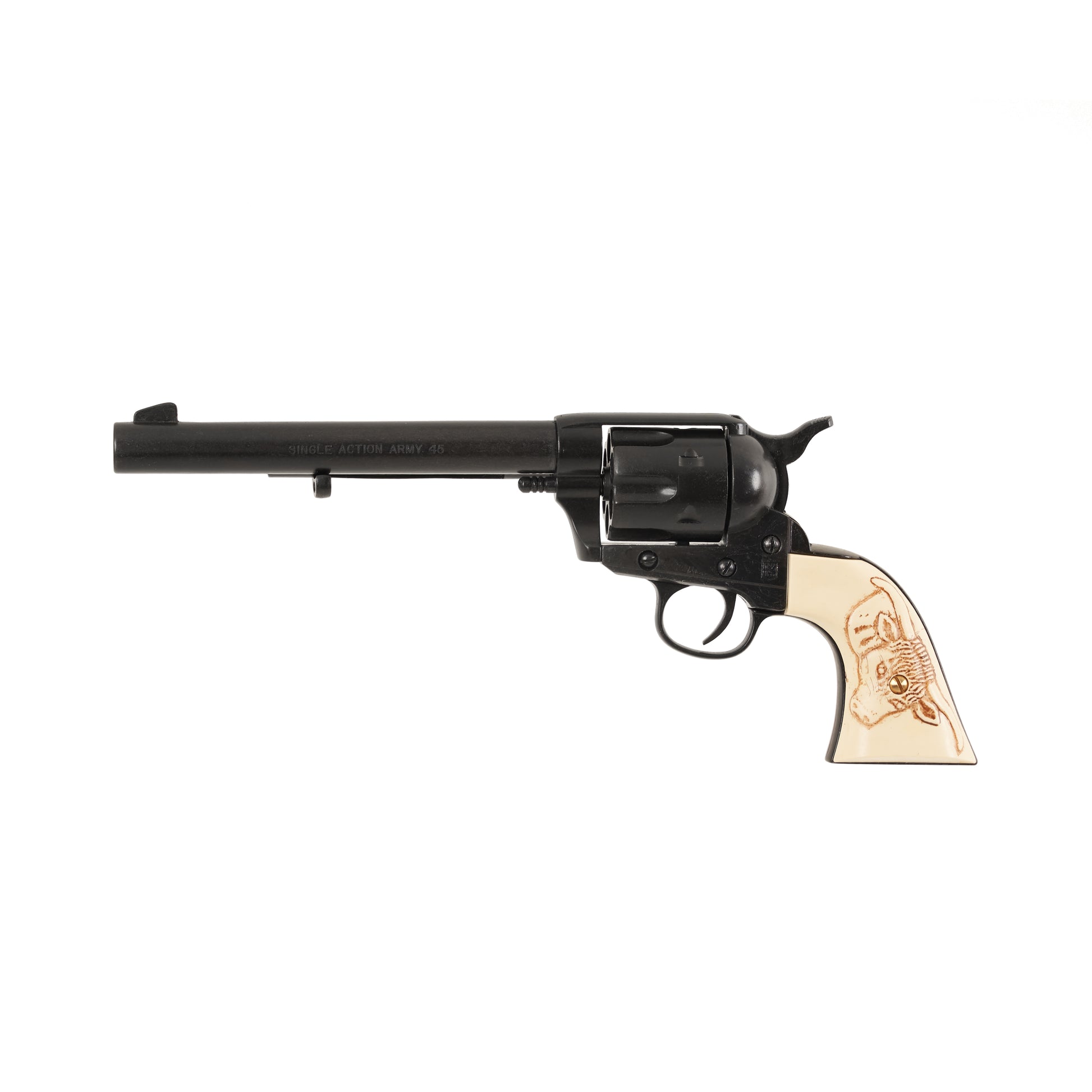 Left view black 1873 .45 Caliber Single Action Revolver with bull carved into faux ivory grip