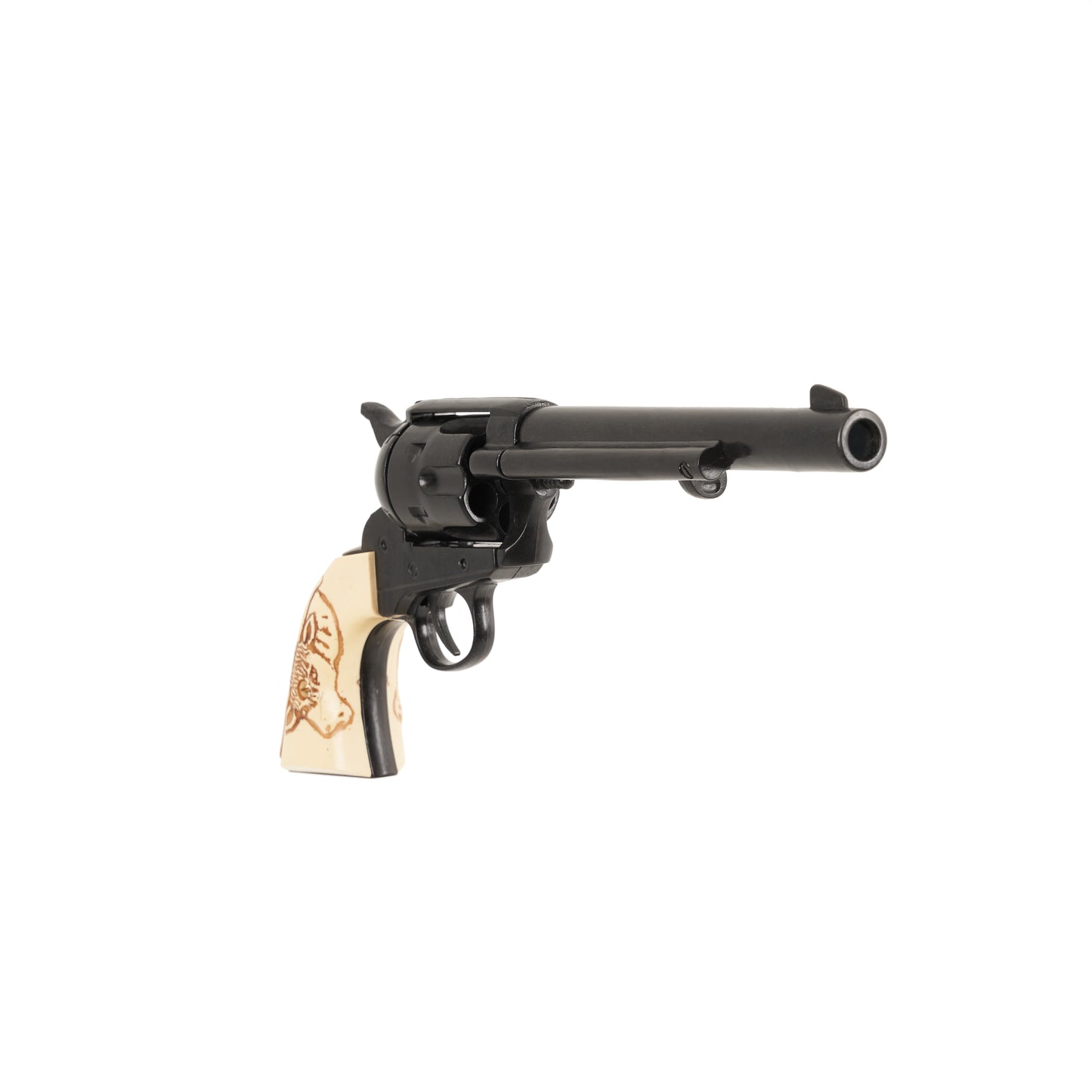Front view black 1873 .45 Caliber Single Action Revolver with bull carved into faux ivory grip
